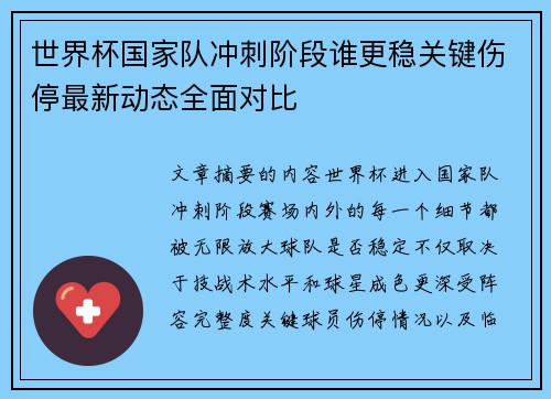 世界杯国家队冲刺阶段谁更稳关键伤停最新动态全面对比