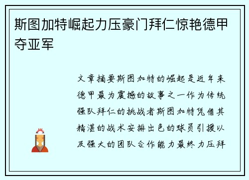 斯图加特崛起力压豪门拜仁惊艳德甲夺亚军