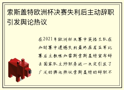 索斯盖特欧洲杯决赛失利后主动辞职引发舆论热议